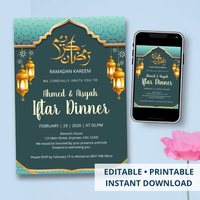 Modern Mint Green and Gold Festive Ramadan Iftar Invitation (Creator Uploaded)
