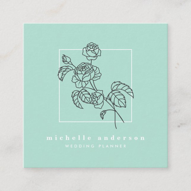 Modern mint green black rose flower makeup floral square business card (Front)