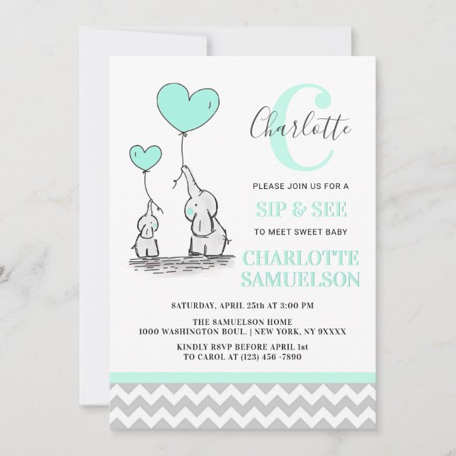 Modern Mint Green Elephant SIP & SEE Baby Girl Invitation (Front)