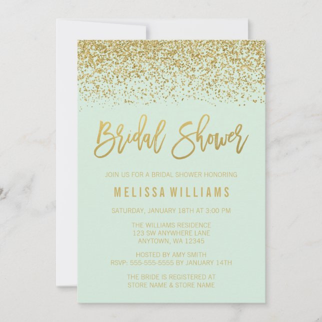 Modern Mint Green Faux Gold Glitter Bridal Shower Invitation (Front)