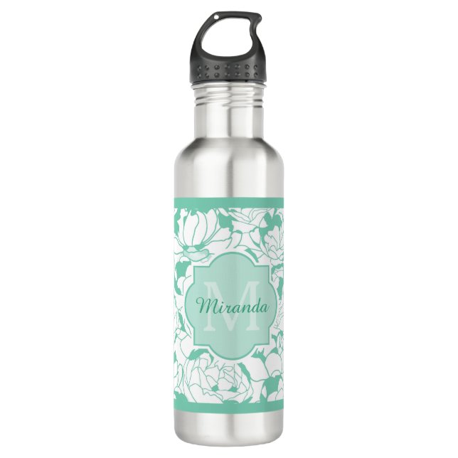 Modern Mint Green Floral Girly Monogram With Name 710 Ml Water Bottle (Front)