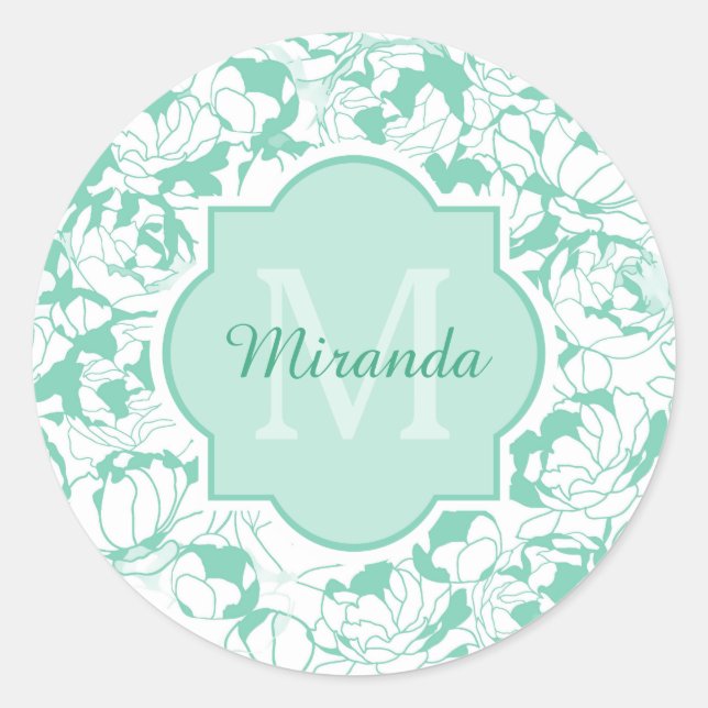 Modern Mint Green Floral Girly Monogram With Name Classic Round Sticker (Front)