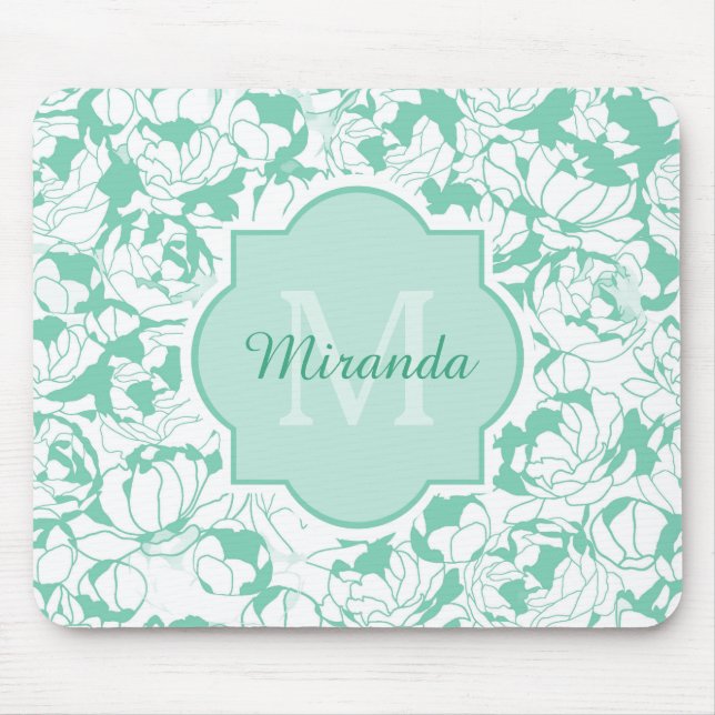 Modern Mint Green Floral Girly Monogram With Name Mouse Pad (Front)