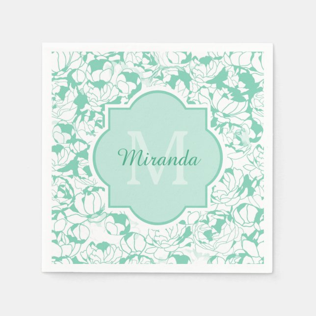 Modern Mint Green Floral Girly Monogram With Name Napkin (Front)