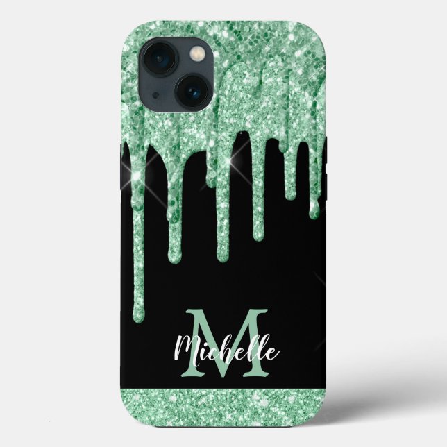 Modern Mint Green Glitter Drips Monogram Case-Mate Case-Mate iPhone Case (Back)