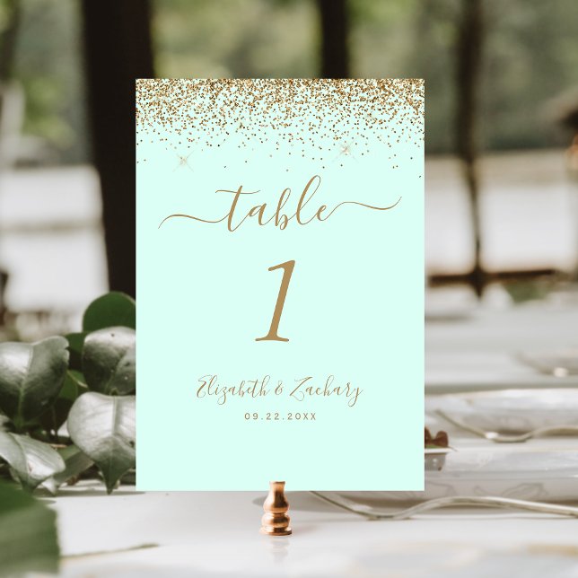 Modern Mint Green Gold Glitter Edge Wedding Table Number (Creator Uploaded)