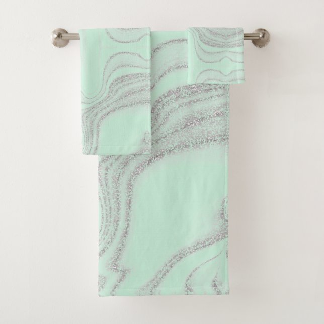 Modern mint green grey abstract marble pattern  bath towel set (Insitu)
