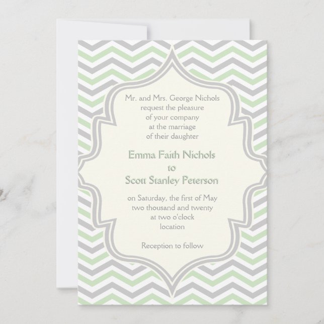 Modern mint green, grey chevron zigzag wedding invitation (Front)