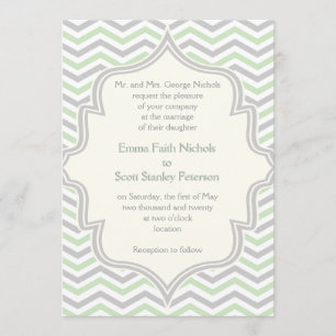 Modern mint green, grey chevron zigzag wedding invitation
