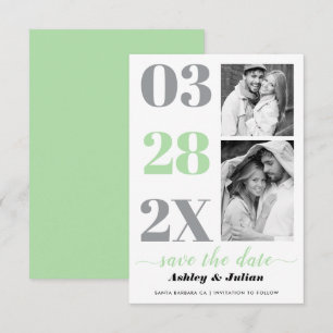 Modern mint green, grey typography with two photos save the date