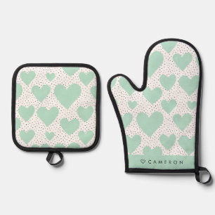 Modern Mint Green Heart Pattern Personalized Oven Mitt & Pot Holder Set