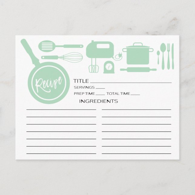 Modern Mint Green Kitchen Utensils Recipe Card (Front)