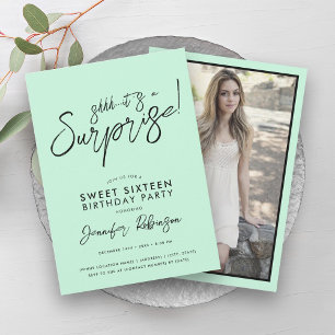 Modern Mint Green Photo Surprise Sweet 16 Invitation