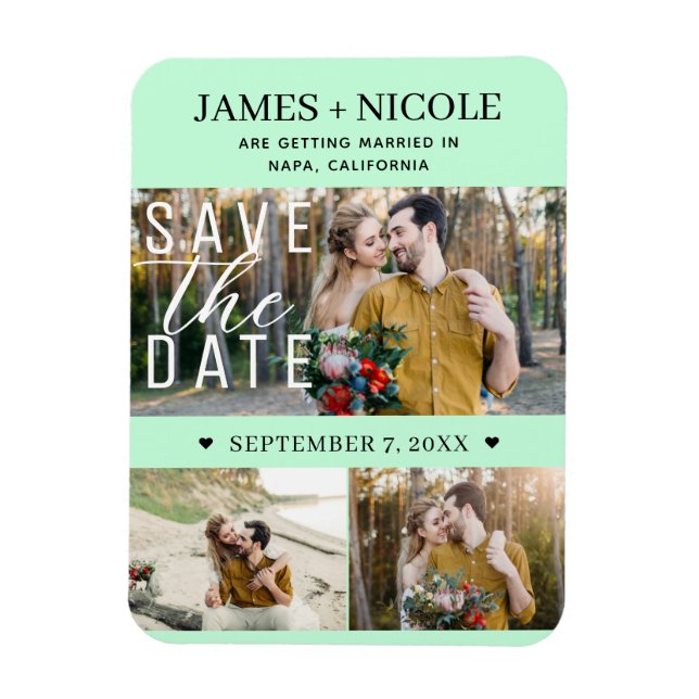 Modern Mint Green Save the Date Wedding 3 Photos Magnet (Vertical)
