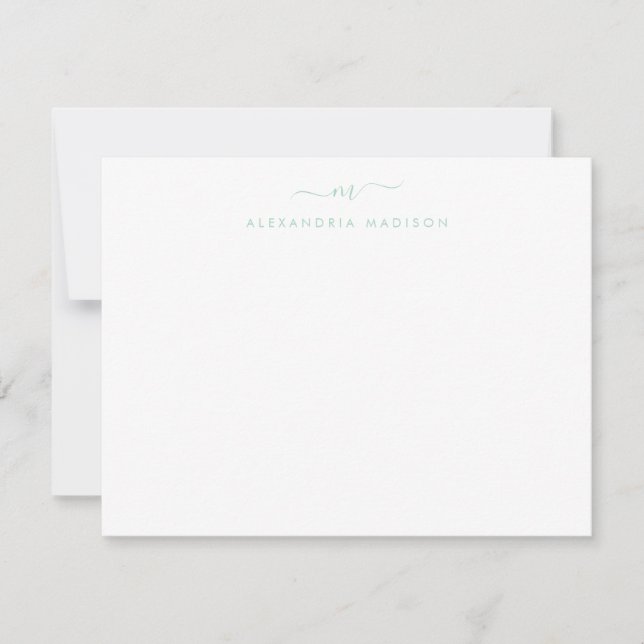 Modern Mint Green Script Monogram Swash Stationery Card (Front)