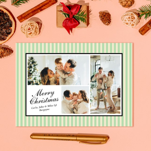 Modern Mint Green Stripes 3 Photo Christmas Holiday Card (Creator Uploaded)