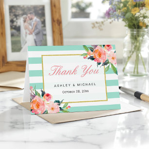 Modern Mint Green Stripes Elegant Floral Thank You Card