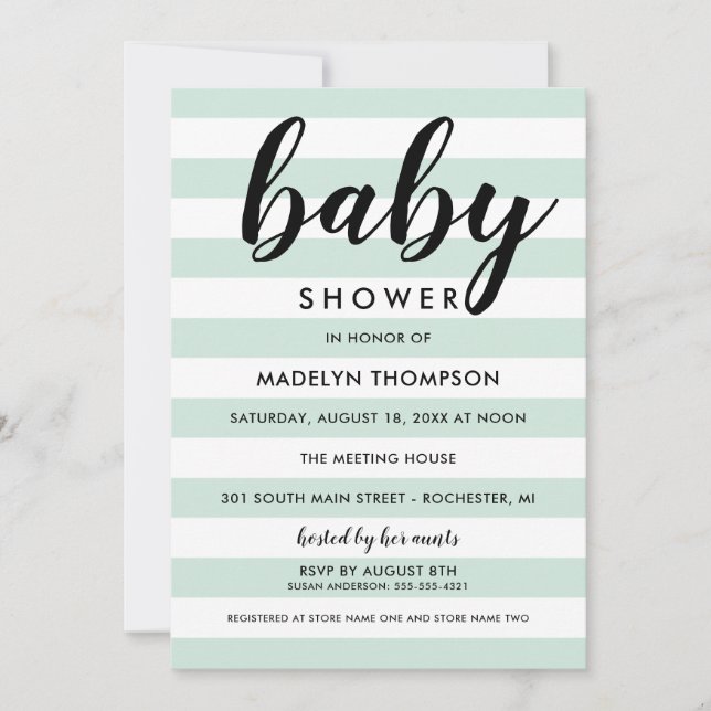 Modern Mint Green Stripes Neutral Baby Shower Invitation (Front)