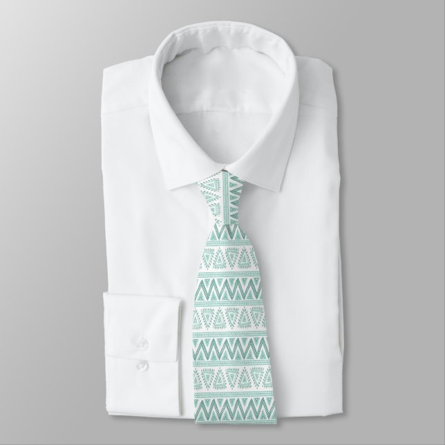 Modern Mint-Green Tribal Geometric Pattern Tie (Tied)