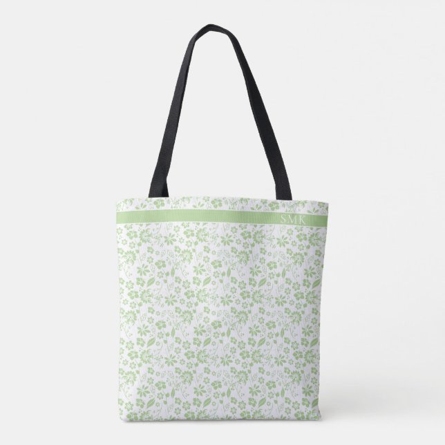 Modern Mint Green Tropical Flowers Monogram Tote Bag (Back)