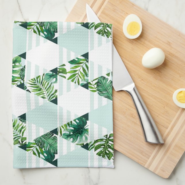 Modern Mint Green Tropical Geometric Tea Towel (Quarter Fold)