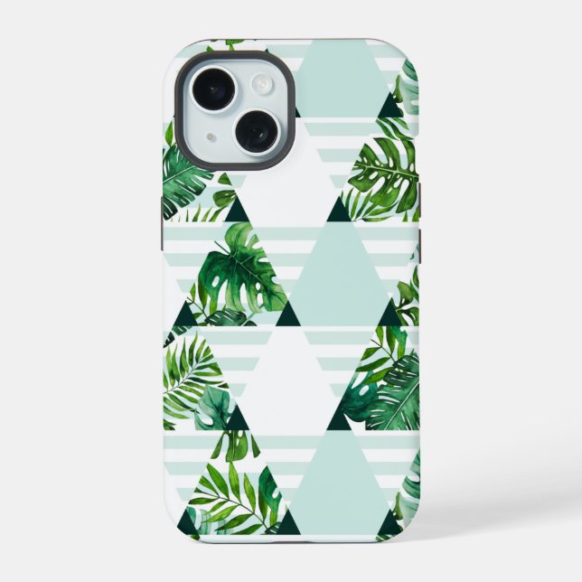 Modern Mint Green Tropical Triangles Pattern  iPhone 15 Case (Back)