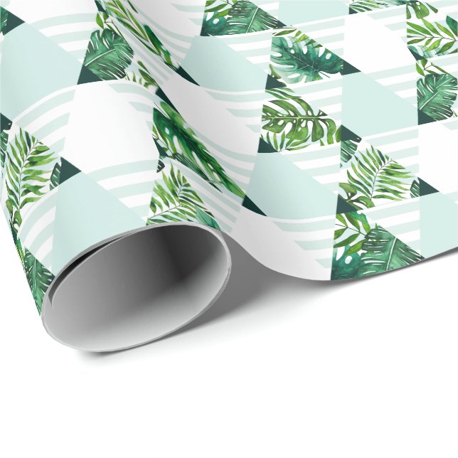Modern Mint Green Tropical Triangles Pattern Wrapping Paper (Roll Corner)