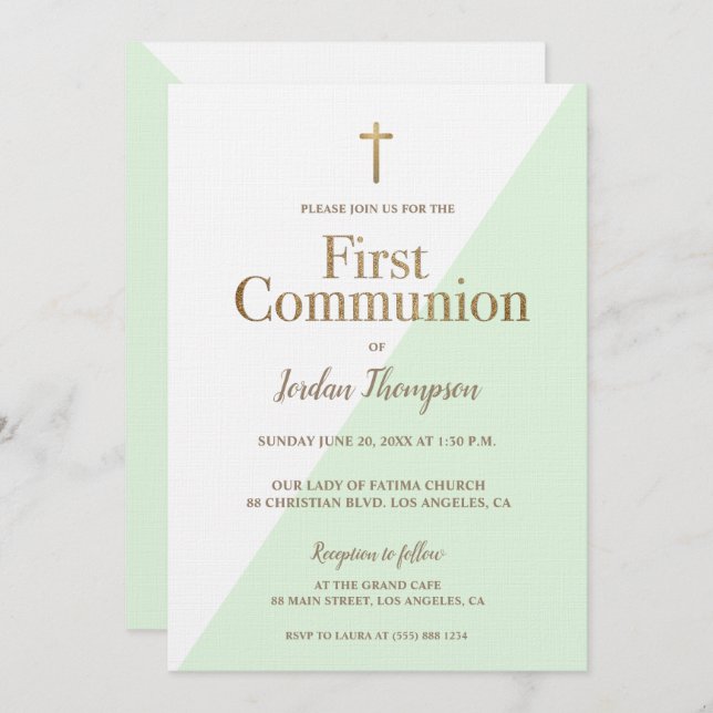 Modern mint green White Gold first communion Invitation (Front/Back)