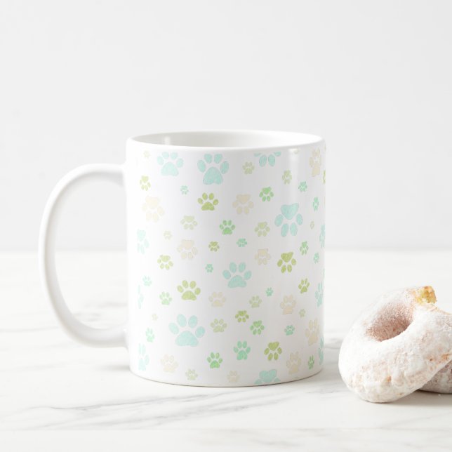 Modern Mint & Grey Paw Print  Coffee Mug (With Donut)