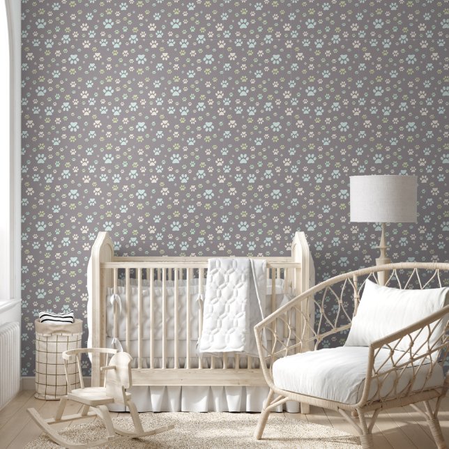 Modern Mint & Grey Paw Print Nursery  Wallpaper (Kids)