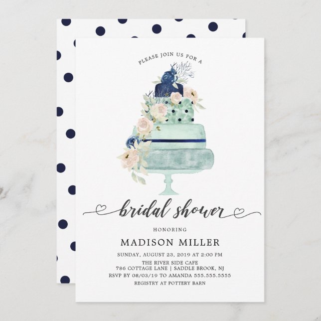 Modern Mint Navy & Blush Floral Cake Bridal Shower Invitation (Front/Back)