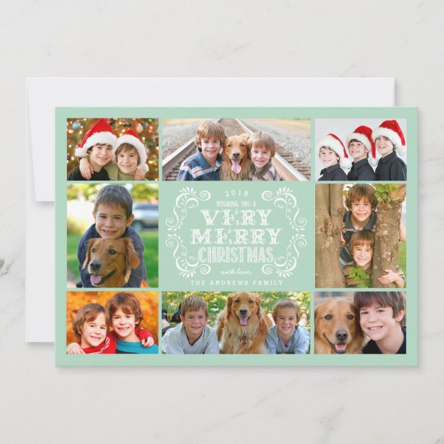 Modern Mint & Swirls Collage Holidays Photo Card (Front)