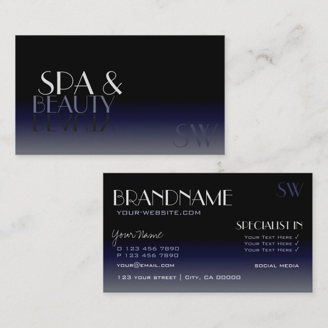 Modern Mirror Font Classic Black and Blue Monogram Business Card (Front/Back)