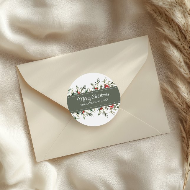 Modern Mistletoe Merry Christmas Gift Stickers (Modern Mistletoe Merry Christmas Gift Stickers on an elegant envelope.)