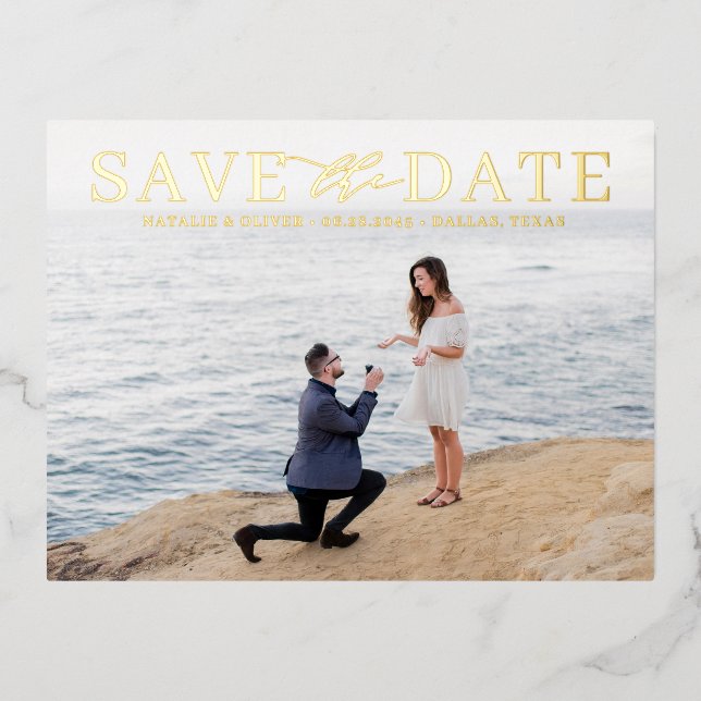 Modern Mix Typography Photo Save the Date Foil Invitation Postcard (Front)