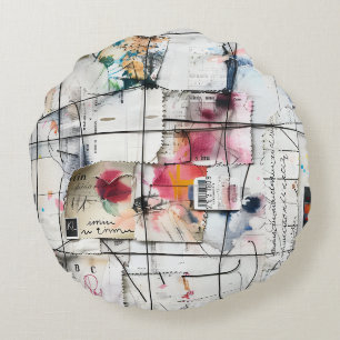 Modern Mixed Media Collage Art Round Cushion