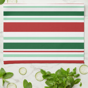 Modern Mixed Red, Green, White Stripes Tea Towel