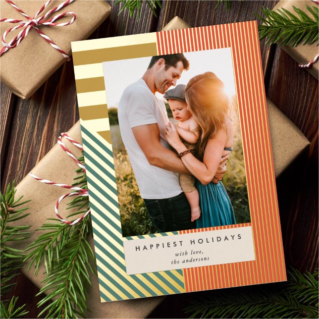 Modern Mixed Stripes One Photo Christmas  Foil Holiday Card (Creator Uploaded)