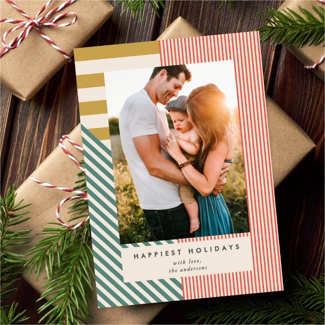 Modern Mixed Stripes One Photo Christmas  Holiday Card (Creator Uploaded)