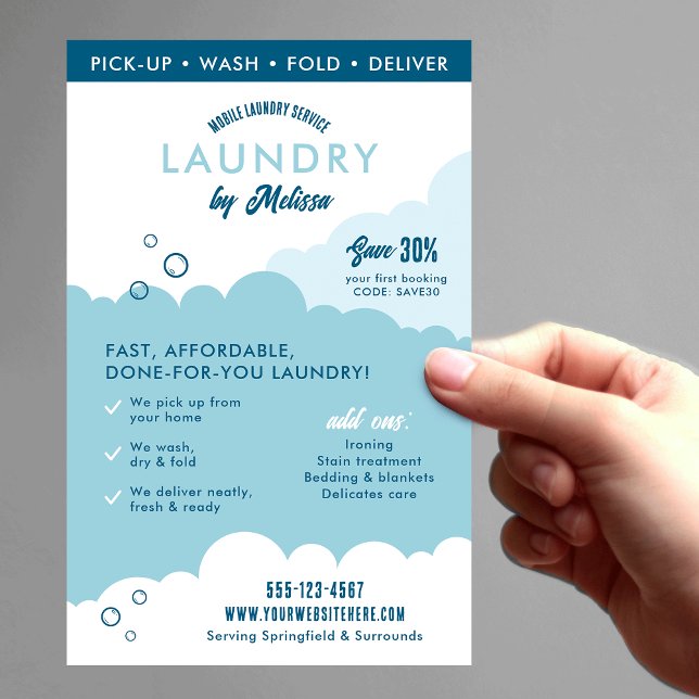 Modern Mobile Laundry Service Laundromat Marketing Flyer (Trendy laundry service marketing flyer in blue and white with fully editable text & QR code)