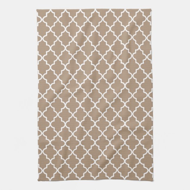 Modern Mocha Brown and White Moroccan Quatrefoil Tea Towel (Vertical)
