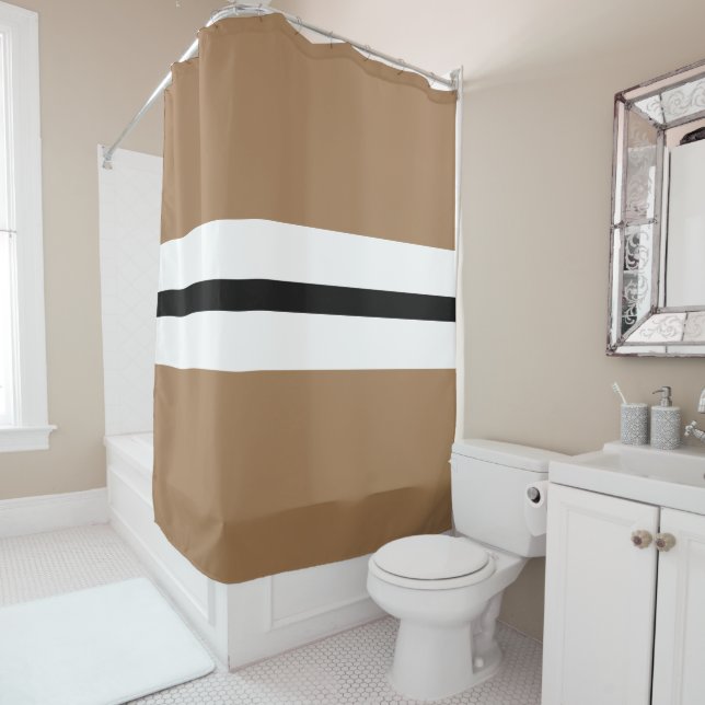 Modern Mocha Brown Black White Racing Stripes Shower Curtain (In Situ)