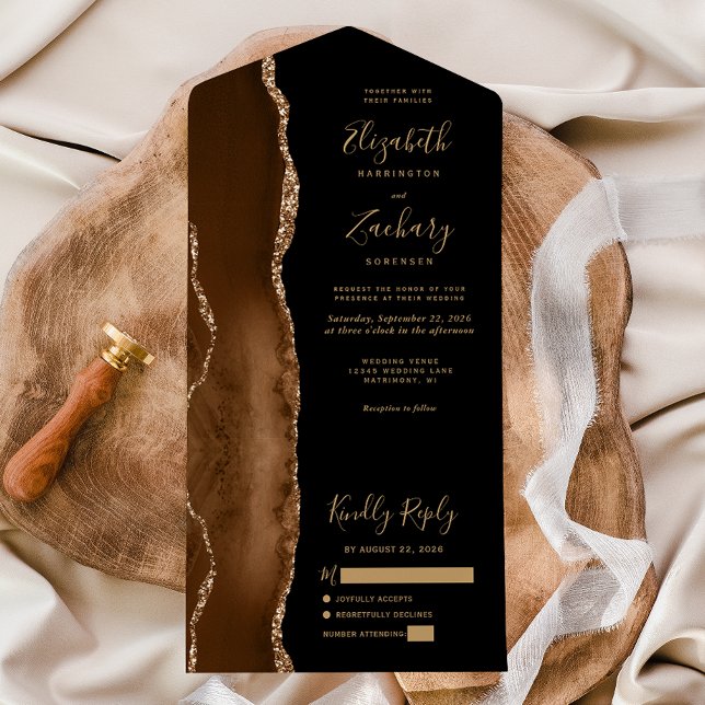 Modern Mocha Brown Gold Agate Black Wedding All In One Invitation (Creator Uploaded)
