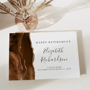 Modern Mocha Brown Gold Agate Script Retirement Guest Book