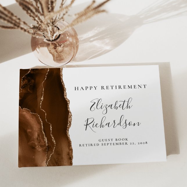 Modern Mocha Brown Gold Agate Script Retirement Guest Book (Creator Uploaded)