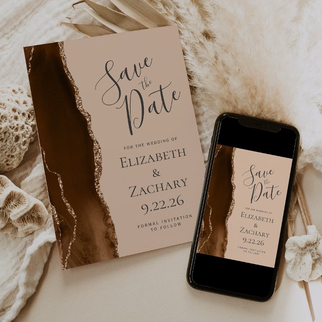 Modern Mocha Brown Gold Agate Tan Save the Date (Creator Uploaded)