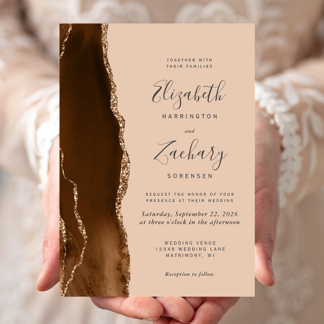 Modern Mocha Brown Gold Agate Tan Wedding Invitation (Creator Uploaded)