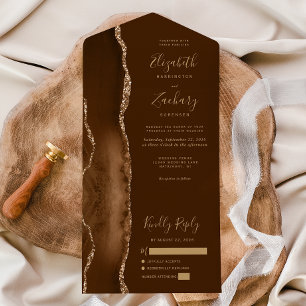 Modern Mocha Brown Gold Agate Wedding All In One Invitation