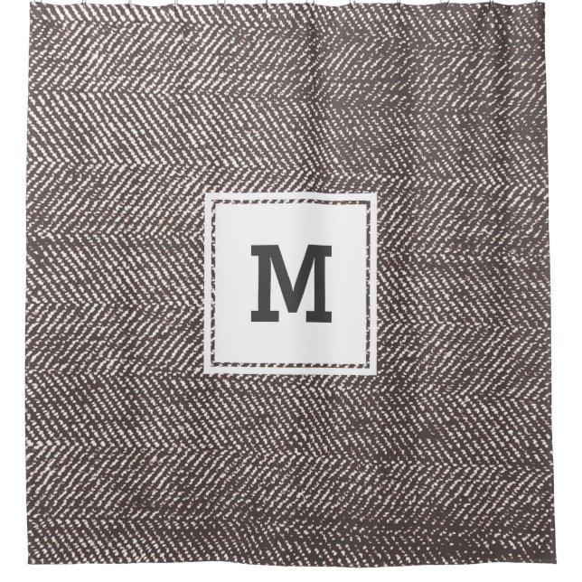 Modern Mocha Brown Herringbone Monogram Shower Curtain (Front)