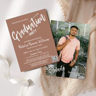 Modern Mocha Mousse QR Code Photo Graduation Party Invitation
